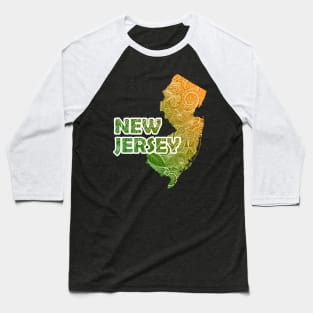 Colorful mandala art map of New Jersey with text in green and orange Baseball T-Shirt